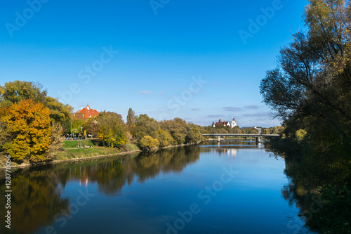 Wonderful autumn landscape by Danube River, Neues Schloss Castle, Ingolstadt, Germany, Bavaria, Europe © Mada_cris