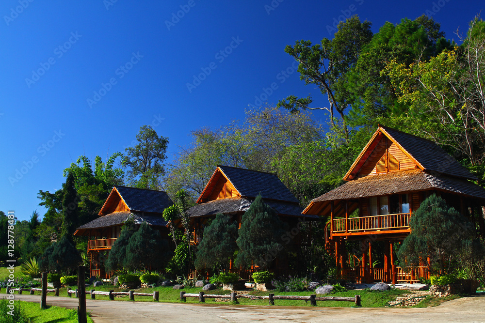 The thee wood house with blue sky the north of Thailand
