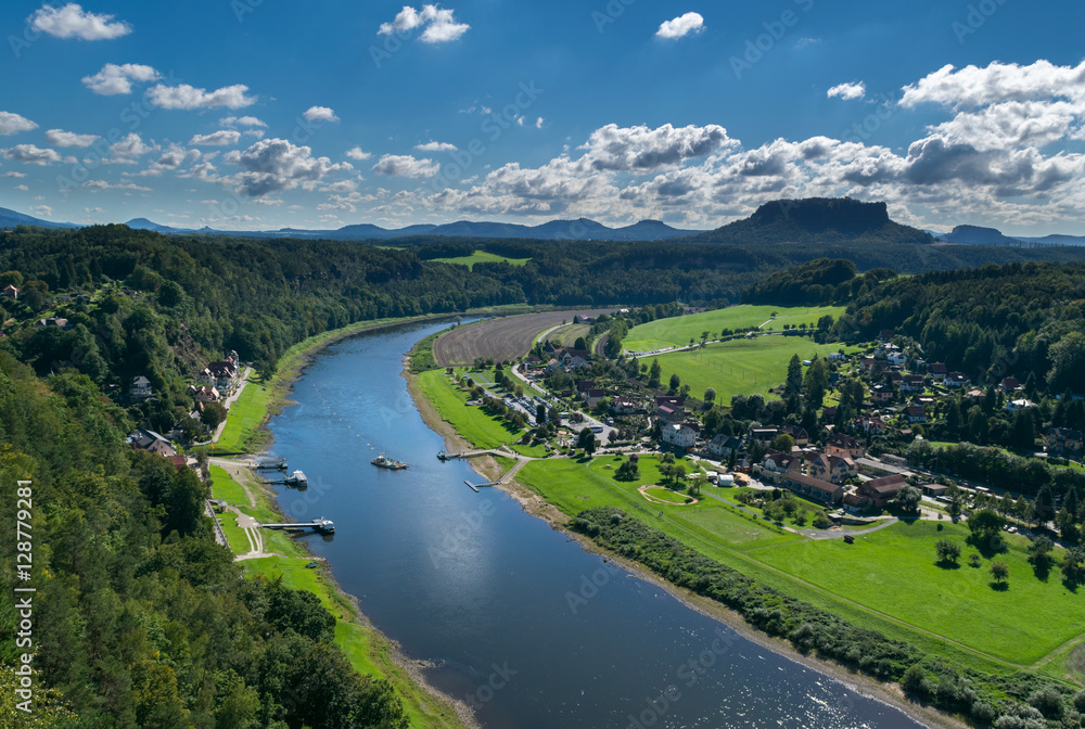 Fototapeta premium Panoramic view from the Bastei over the Elbe valley, Elbe Sandstone Mountains, Rathen, Saxon Switzerland National Park, Nationalpark Sachsische Schweiz, Germany, Europe