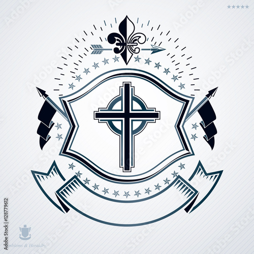 Heraldic coat of arms made in retro design, decorative emblem wi