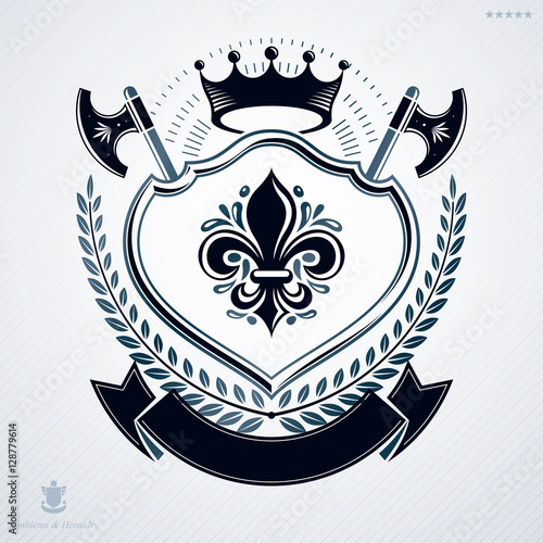 Heraldic coat of arms made in retro design, decorative emblem wi