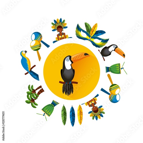 toucan bird with brazilian icons around over white background. brazil culture concept. colorful design. vector illustration