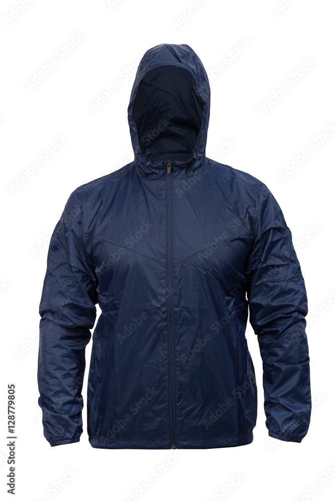 blue windbreaker sports jacket with hood, isolated on white blue windbreaker sports jacket with hood, isolated on white