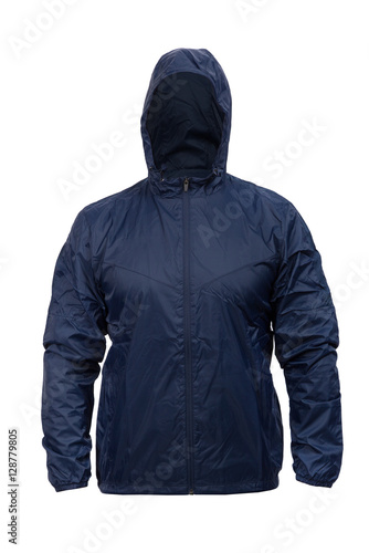 blue windbreaker sports jacket with hood, isolated on white
