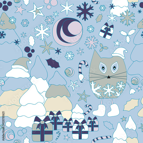 abstract seamless   christmas ornament.winter pattern with cat,