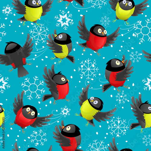 Seamless pattern with cartoon titmouses and bullfinches on a blue background with snowflakes