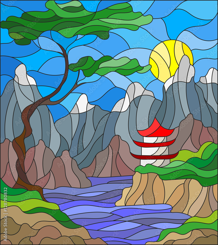Illustration in stained glass style landscape Japanese house on sky background, mountains and rivers