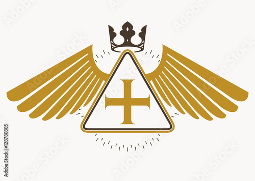 Vintage decorative heraldic vector emblem composed with eagle wi