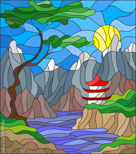 Illustration in stained glass style landscape Japanese house on sky background, mountains and rivers