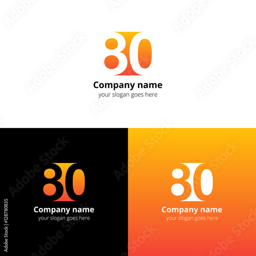 80 logo icon flat and vector design template. Monogram years numbers eight and zero. Logotype eighty with orange gradient color. Creative vision concept logo, elements, sign, symbol.