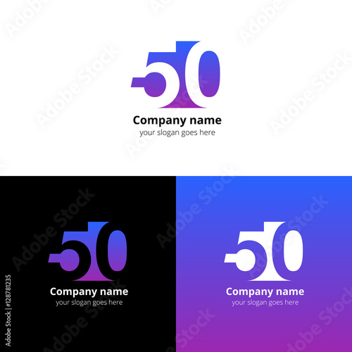 50 logo icon flat and vector design template. Monogram years numbers five and zero. Logotype fifty with blue-violet gradient color. Creative vision concept logo, elements, sign, symbol for card