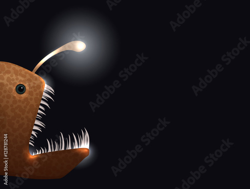Vector background with anglerfish mouth on dark background. Luminous bait and anglerfish teeth.