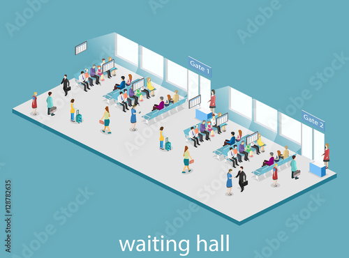 Isometric flat 3D concept vector interior of waiting room in airport .