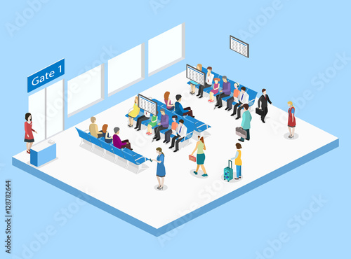 Isometric flat 3D concept vector interior of waiting room in airport .