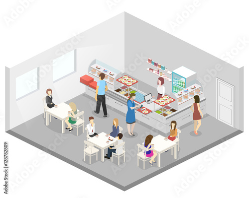 Isometric flat 3D vector interior of a coffee shop or canteen. People sit at the table and eating.