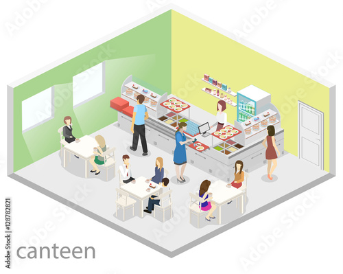 Isometric flat 3D vector interior of a coffee shop or canteen. People sit at the table and eating.