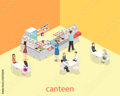 Isometric flat 3D vector interior of a coffee shop or canteen. People sit at the table and eating.