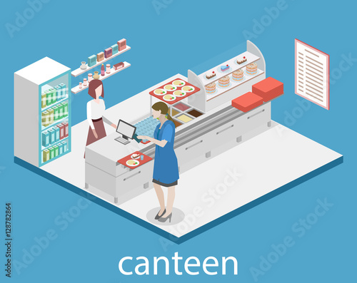 Isometric flat 3D vector interior of a coffee shop or canteen.
