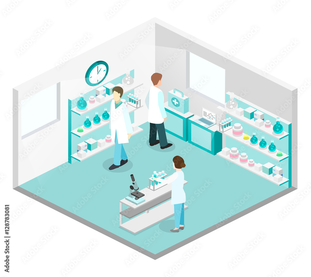 Isometric flat 3D concept vector interior of science laboratory. Isometric flat 3D concept vector interior of science laboratory.
