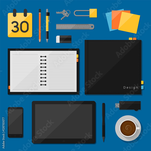 Notebook design vector top view on desk concept,