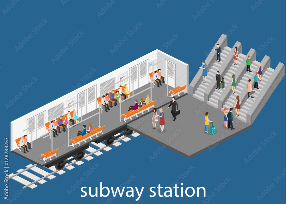 Isometric flat 3D vector interior of metro subway train carriage. underground station