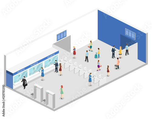 Isometric flat 3D concept vector interior of metro subway station.