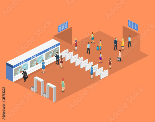 Isometric flat 3D concept vector interior of metro subway station.