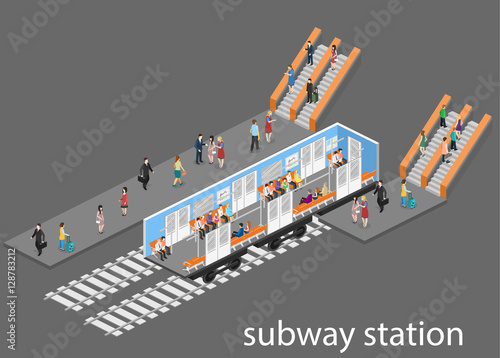 Isometric flat 3D vector interior of metro subway train carriage. underground station