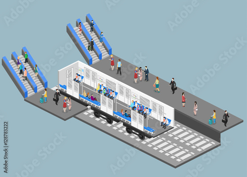 Isometric flat 3D vector interior of metro subway train carriage. underground station