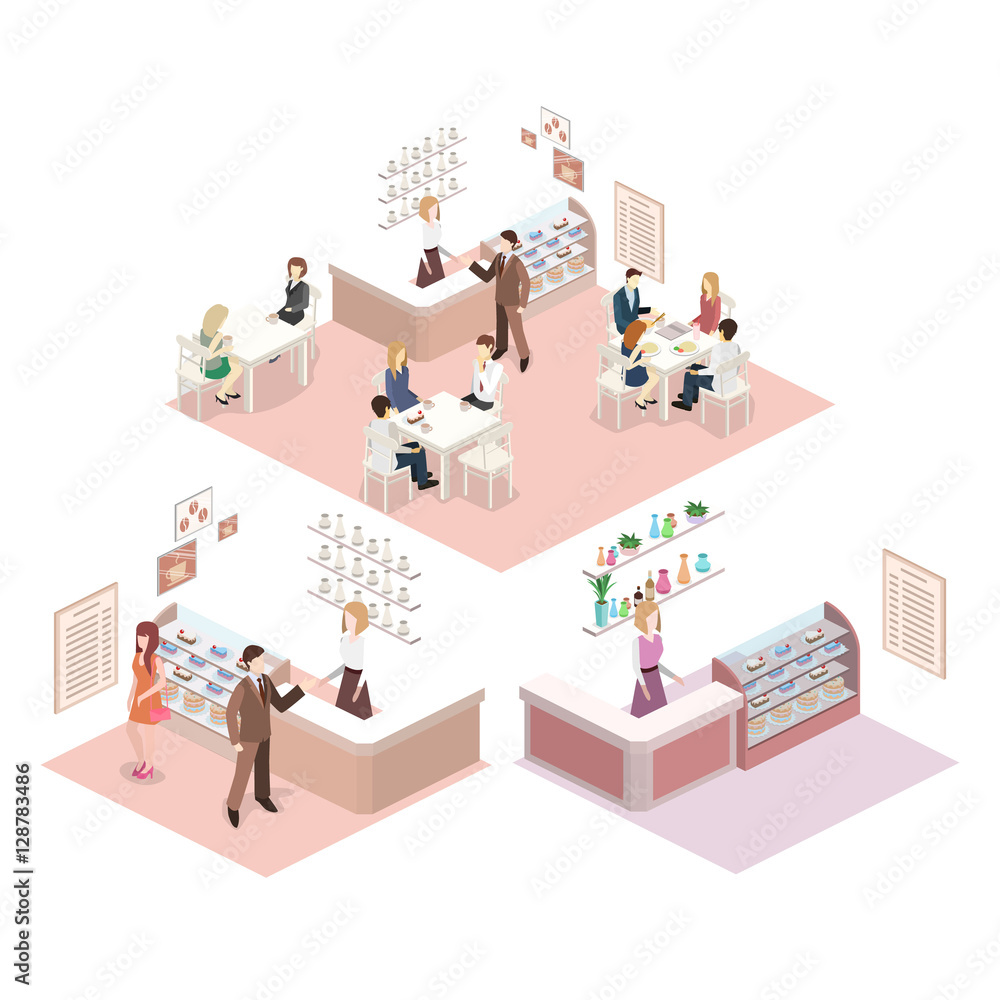 Isometric interior of sweet-shop. People sit at the table and eating. Isometric interior of sweet-shop. People sit at the table and eating.