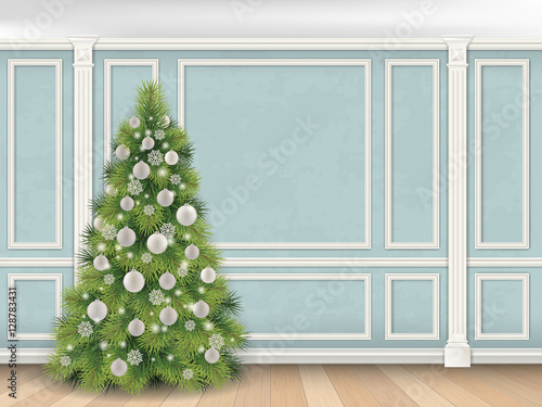 Christmas tree on blue wall with pilasters and moulding panels. Vector realistic illustration. Luxury interior. Indoor background.