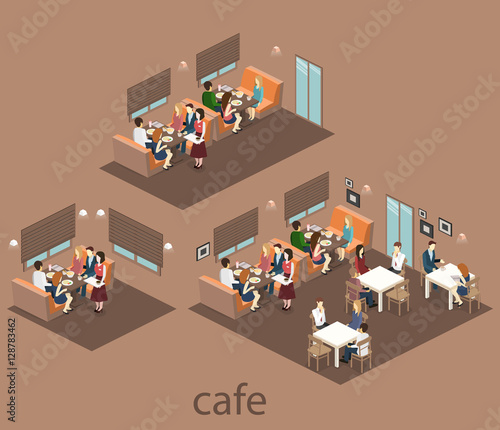 Isometric interior of coffee shop. flat 3D isometric design interior cafe or restaurant. People sit at tables and eat.