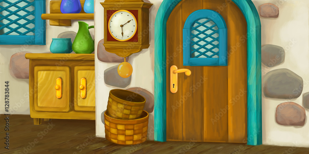 Cartoon background for fairy tale - interior of old fashioned house -  kitchen - illustration for the children Stock Illustration | Adobe Stock