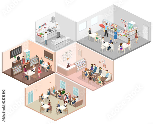 Isometric flat 3D concept vector interior cafe, canteen, restaurant kitchen.