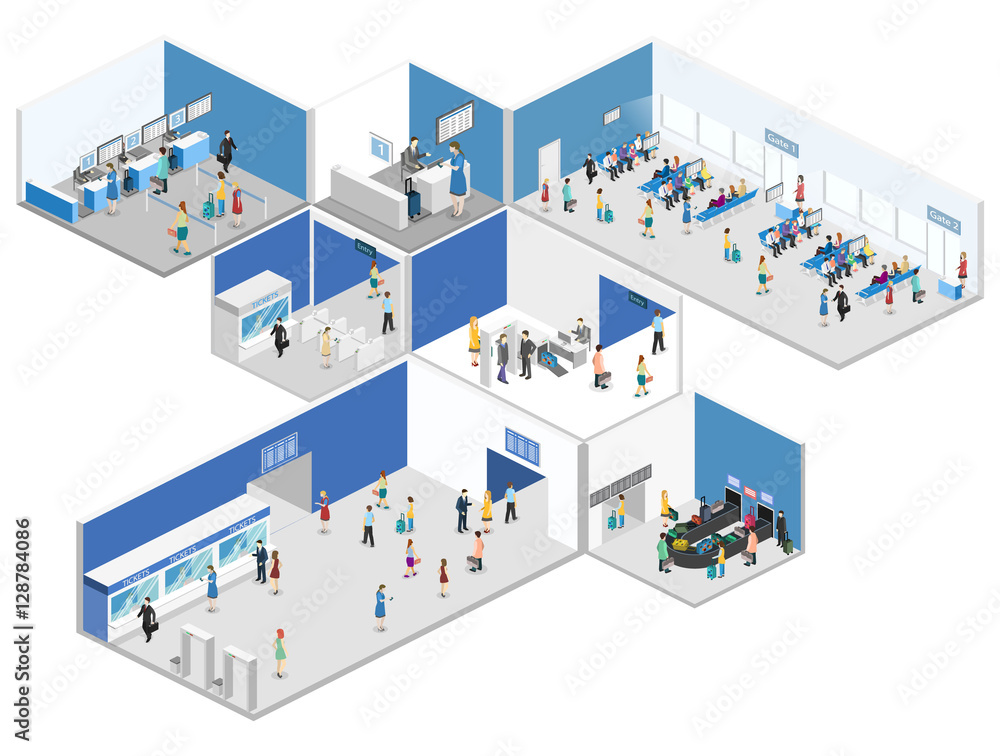 Isometric flat 3D concept vector interior of airport Isometric flat 3D concept vector interior of airport