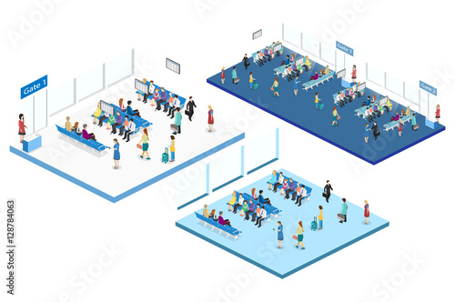 Isometric flat 3D vector interior of waiting room in airport .
