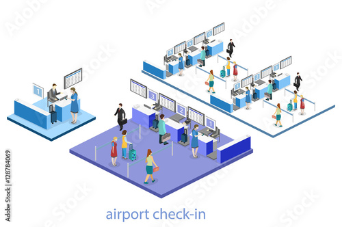 Isometric flat 3D vector interior of airport check-in.
