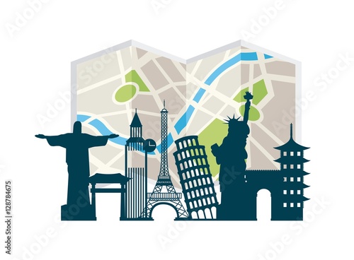 iconics monuments of the world and city map icon over white background. colorful design. vector illustration