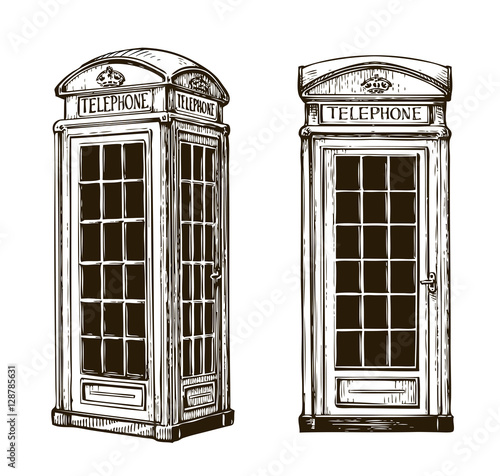 Hand drawn London phone booth. Sketch vector illustration