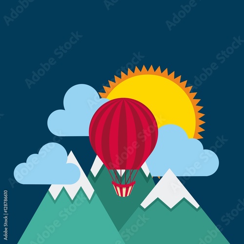 air balloon flying over mountains over blue background. colorful design. vector illustration