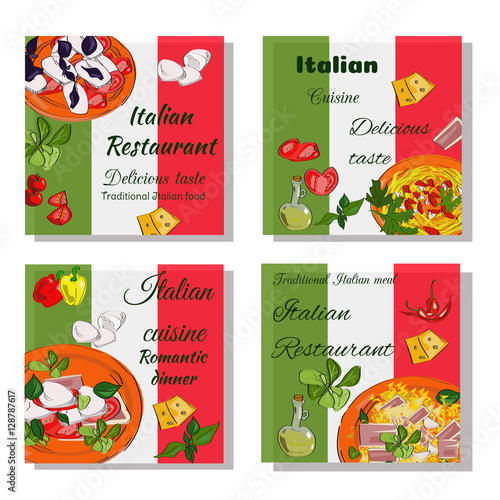 Italian food design template. Square banners set. Italian Cuisine restaurant menu. Vector drawn banners.