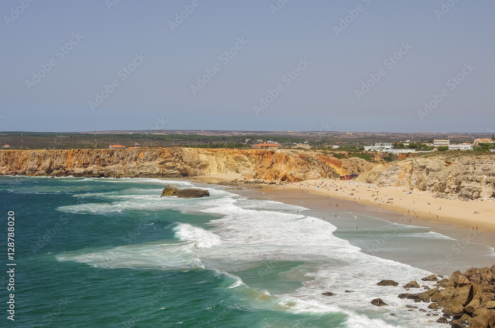 Ocean waves on Praia Do Tonel beach. View from Sagres fortress, Portugal.
