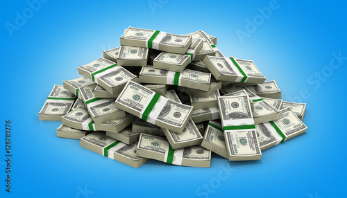 big pile of money american dollar bills on blue gradient backgro