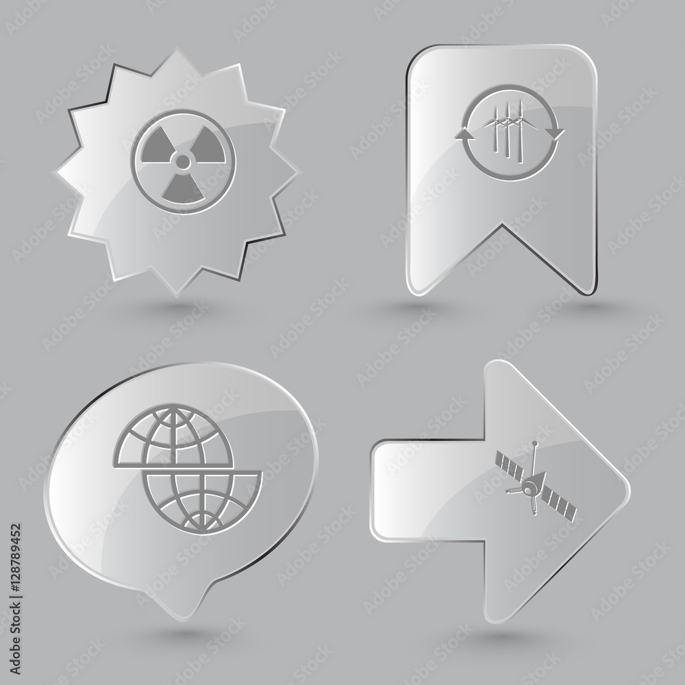 4 images: radiation symbol, wind turbine, shift globe, spaceship 4 images: radiation symbol, wind turbine, shift globe, spaceship