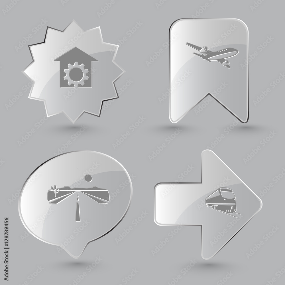 4 images: repair shop, airliner, road, train. Transport set. Gla