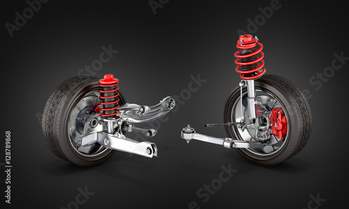 Φωτογραφία suspension of the car with wheel on black gradient background 3d