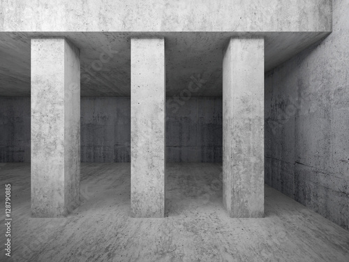 Empty concrete room interior with columns, 3d