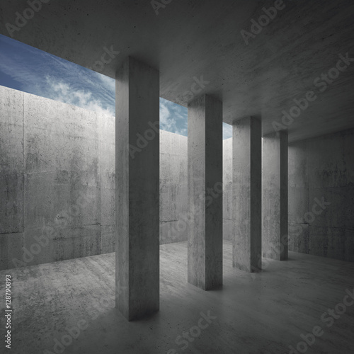 Abstract architecture background  empty concrete room interior with columns and cloudy sky outside  3d illustration