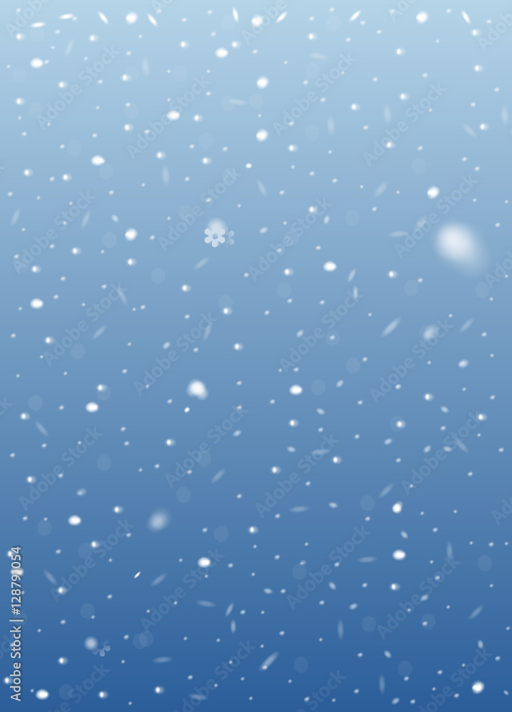Falling snow on blue background. Vector image. Abstract snowflake background. Winter composition with glowing elements. Snowfall in motion. Template in seasonal style for your design. Snowy vertical.