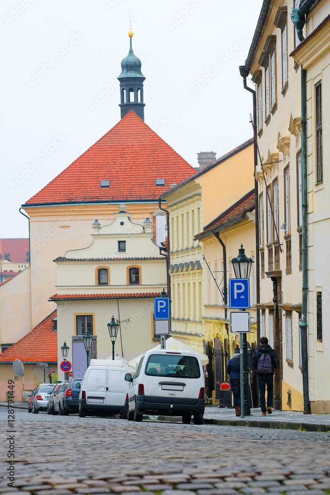 Prague, Czechia - November, 23, 2016: cars parking on a street in an Old Town of Prague, Czechia